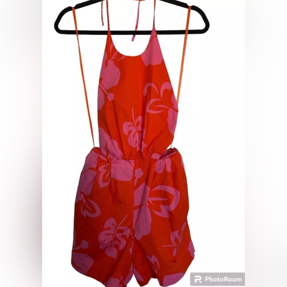 STAUD Georgia Floral Romper Red Pink Tropical Halter Cutout Resort Summer Size 8 - Picture 5 of 9